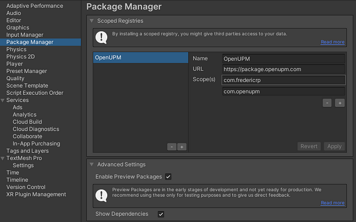 Add a scoped registry in the project settings