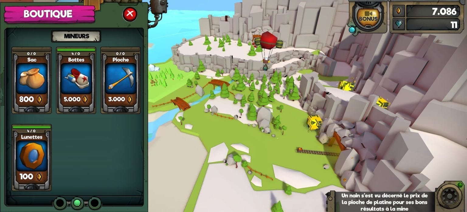 The shop and the dwarves’ equipment: bags, boots, pickaxe, glasses