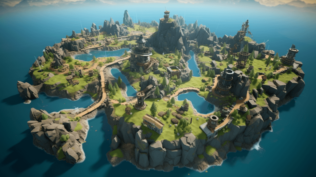 An island of dwarves and their goldmine, AI-generated image